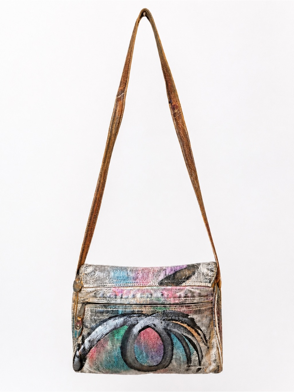 OOAK VTG 80s Custom Brit Rosen Leather Shoulder Bag Purse Hand Painted Signed - Picture 3 of 15